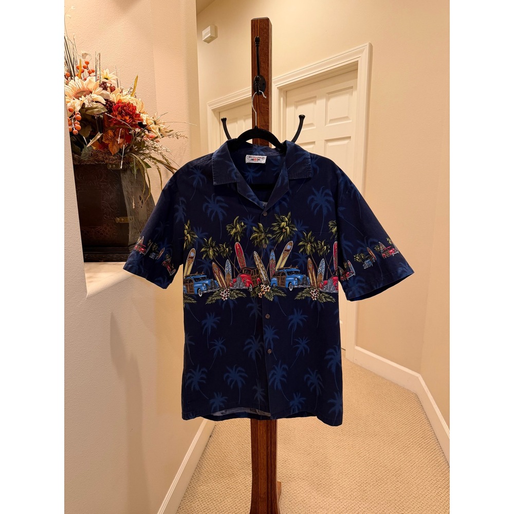 Pacific Legend Mens Blue Woodie Surfboard Hawaiian Camp Shirt Size L Made in USA